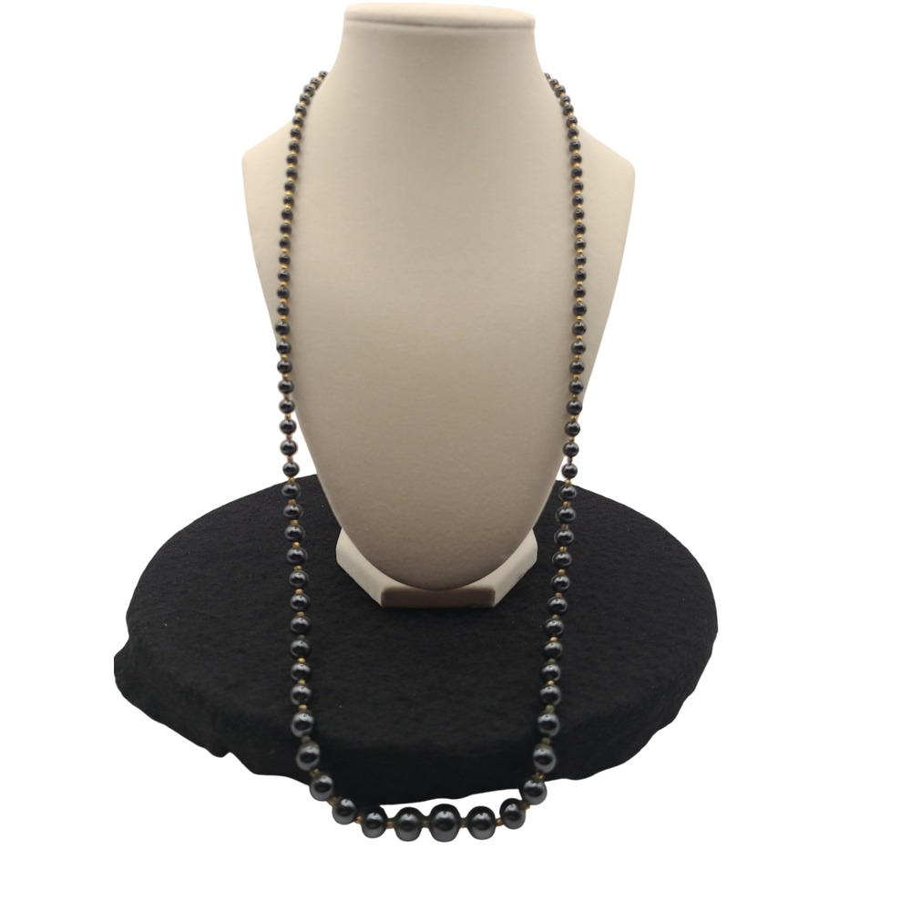 Vintage Marvella Signed Dark Gunmetal Glass Bead Necklace Barrel Clasp 28"